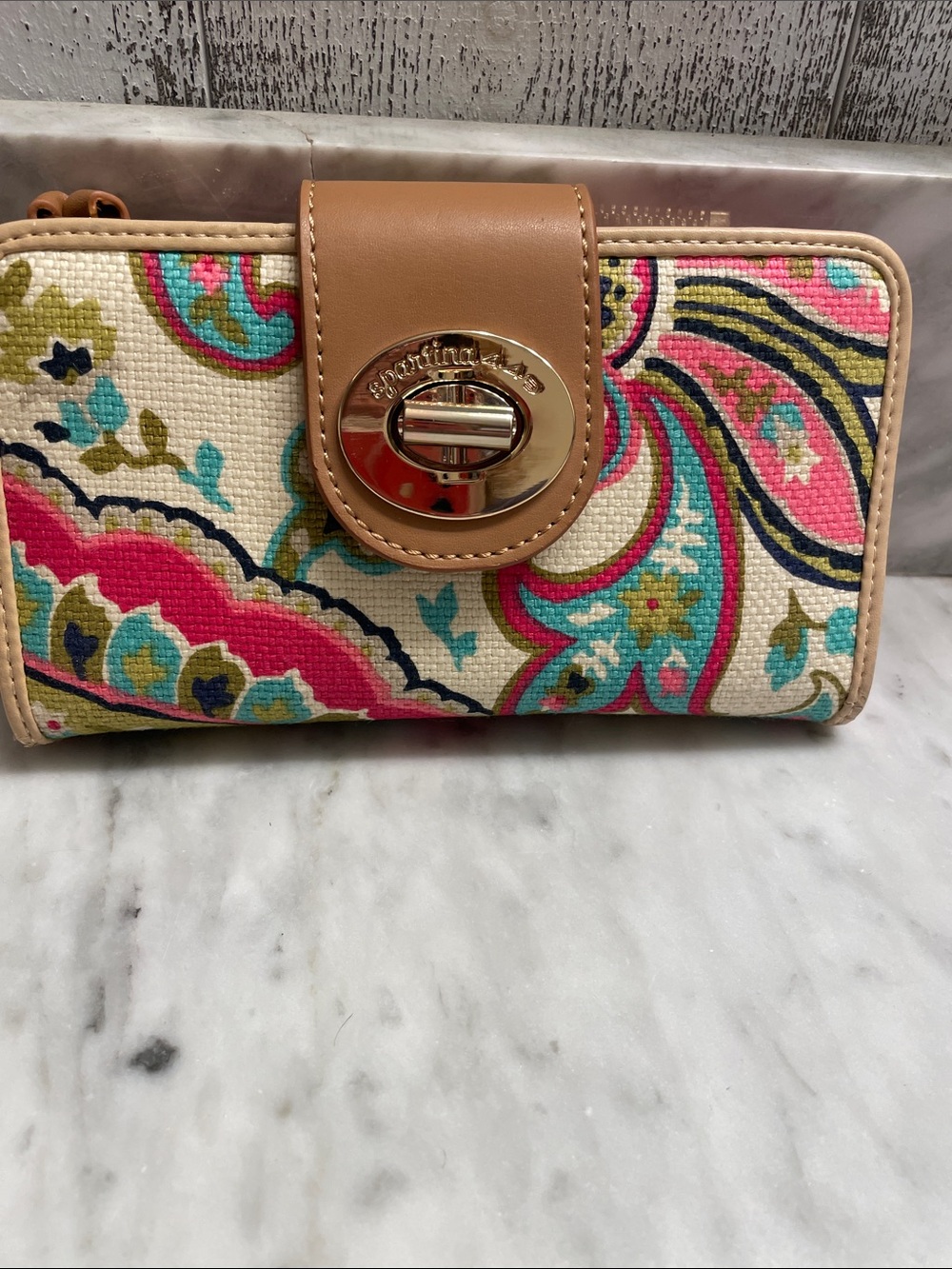 Spartina 449 Cream Canvas Wallet with Pink, Teal & Tan Accents
